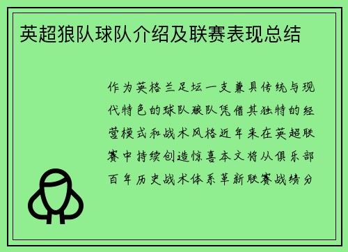 英超狼队球队介绍及联赛表现总结